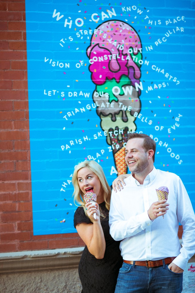 engaged couple eating ice cream 